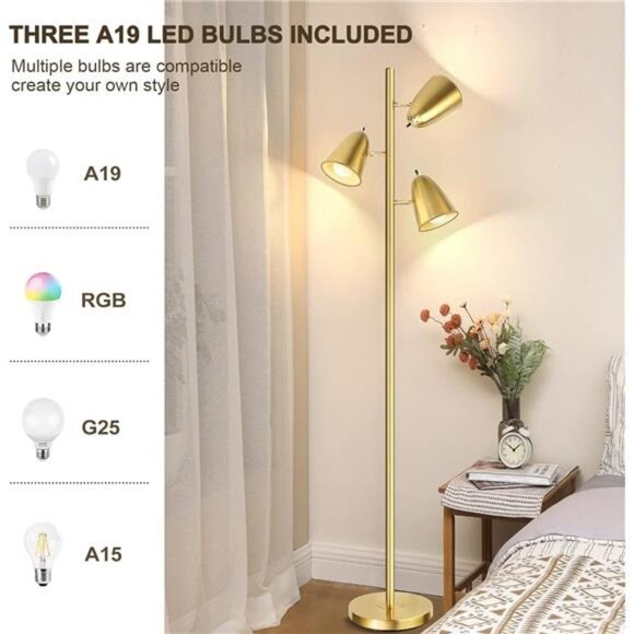 Tree FloorLamp with 3Light Bulbs,Standing Tall Pole Lamps for LivingRoom Bedroom - Picture 4 of 5